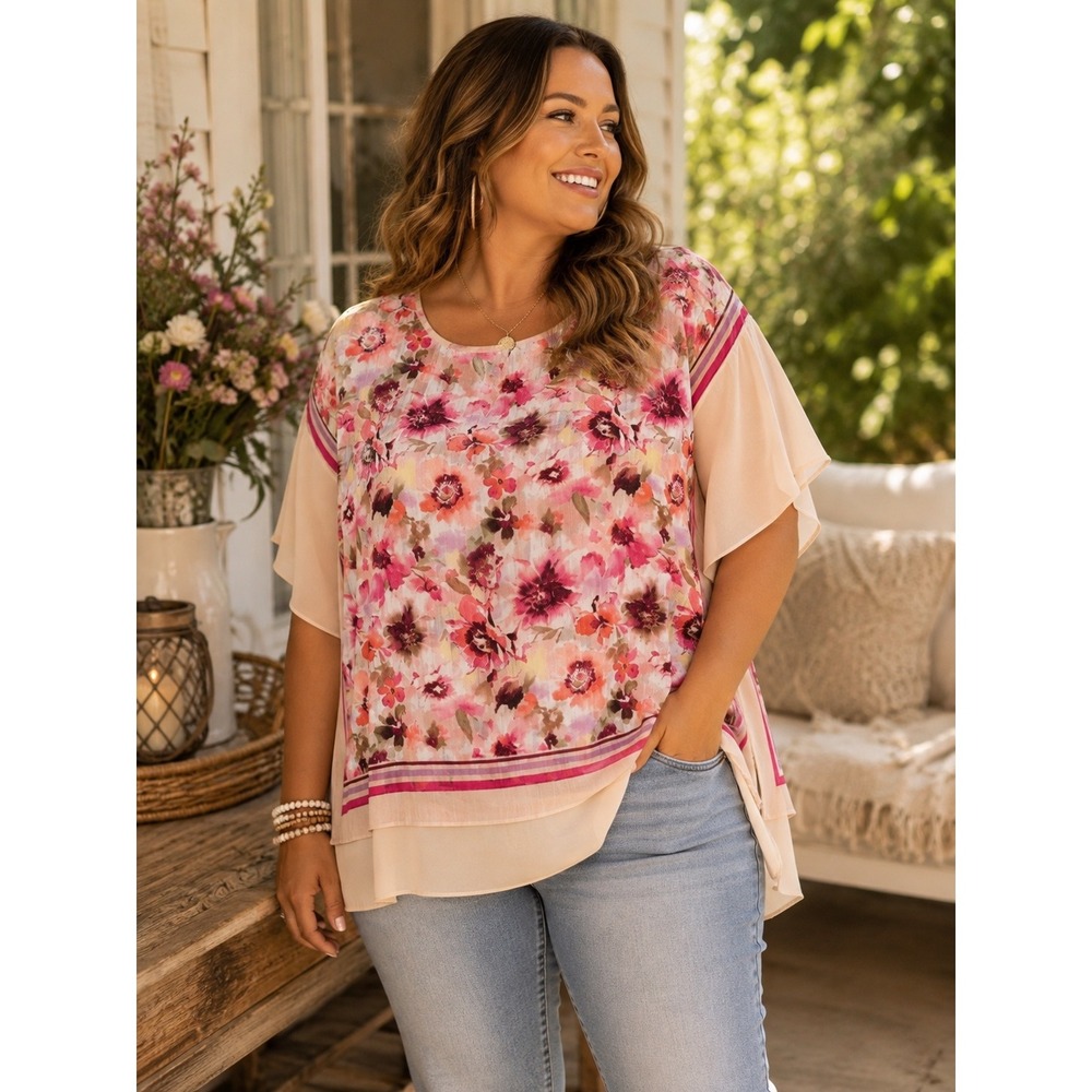 Women's XL Pink Floral Blouse Oversized Chiffon Flutter Sleeve Boho Tunic